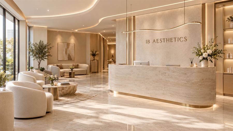 Reception with travertine desk and soft lounge seating